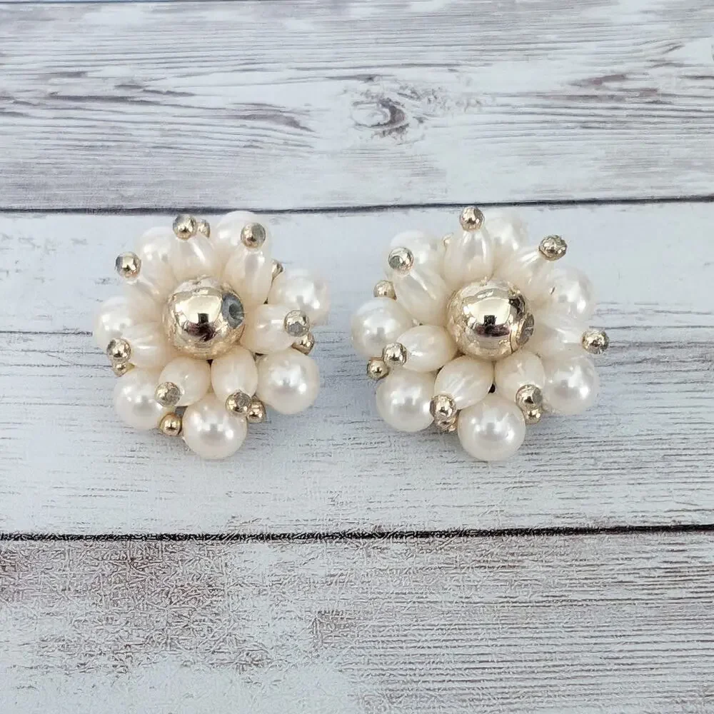 Vintage Clip On Earrings Large 3D Cream & Gold Tone